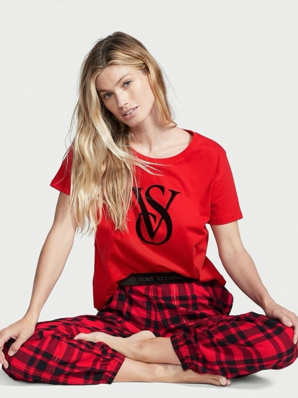 Victoria's Secret Red Short Sleeve Logo Tee with Red & Black Plaid Pajama Pants